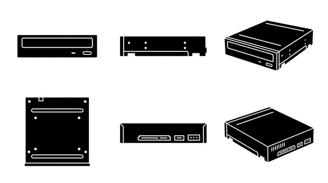 Minimalist Black Optical Disc Drive Icons in Multiple Viewpoints
