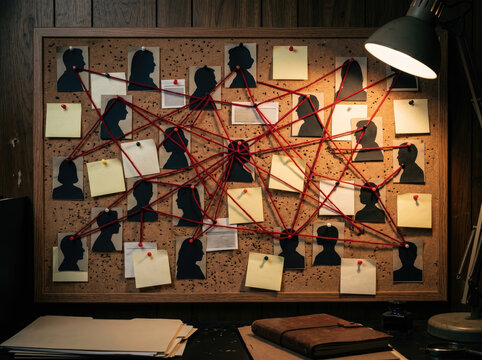 Intense detective corkboard with connected silhouettes
