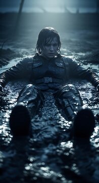 Exhausted soldier lying in a dark muddy trench at night.