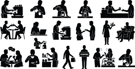 Obraz premium Coffee Shop and Barista Silhouette Collection Featuring Cafe Service Brewing Customer Interaction and Hospitality Scenes