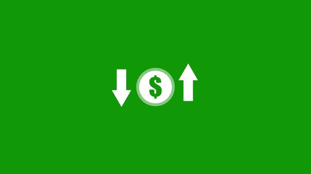 Dollar icon with profit or loss arrow icon animation.Dollar icon,profit arrow icon,loss arrow icon,currency icon animation on green background.
