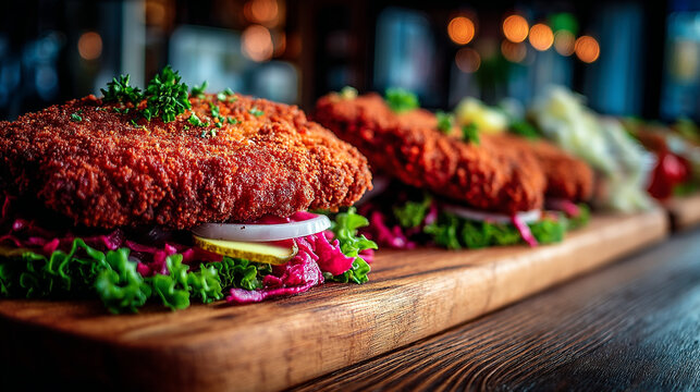 Gourmet breaded schnitzel with vegetables on wooden serving board at restaurant, dinner plate
