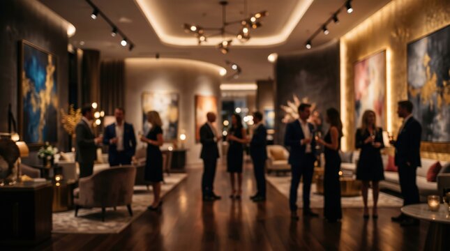 Blurred luxury social gathering elegant lounge event evening party corporate networking cocktail hour abstract bokeh background interior