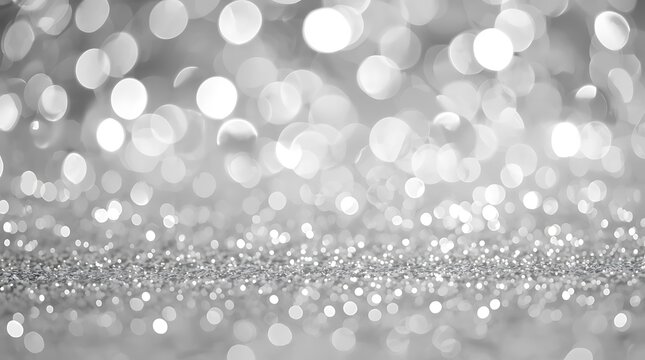 Sparkling Silver Glitter Background with Bokeh Effect and Light.