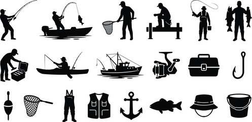 Fishing Silhouette Collection with Anglers Boats Gear and Equipment Icons for Outdoor Recreation Vector Design © Arifa