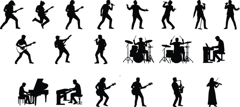 Musician and Singer Silhouette Collection Featuring Guitarists Drummers Pianists Saxophonist and Violinist Performance Set