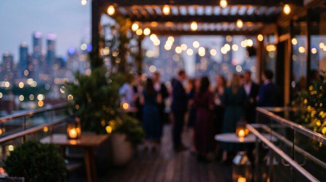 Blurred rooftop bar party event city skyline sunset bokeh lights people gathering social celebration luxury nightlife terrace atmosphere