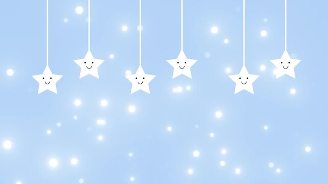 Multiple cute stars ornaments hanging on strings animation isolated on blue background