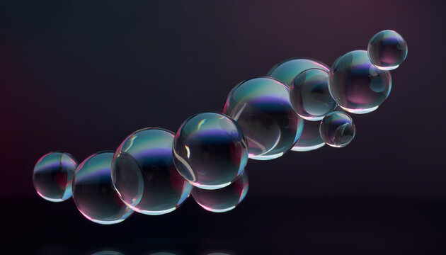 Floating transparent soap bubbles set on dark black background 暗い黒背景に浮かび上がる透明なシャボン玉と球体のセット イラスト