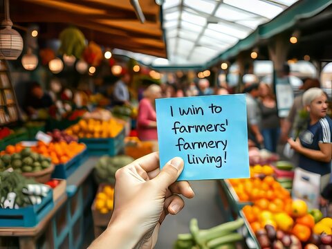Hand holding note supporting farmers' market living.