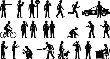 Police Officer Silhouette Collection with Law Enforcement Patrol Investigation Traffic Control and Security Duty Icons © Arifa