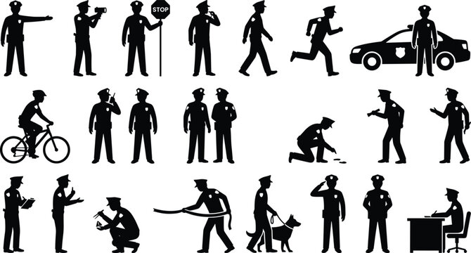 Police Officer Silhouette Collection with Law Enforcement Patrol Investigation Traffic Control and Security Duty Icons