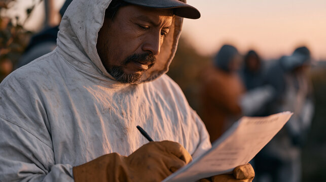 Guatemalan harvest crew foreman marks attendance on a paper roster at dawn beside a frost-edged apple orchard row, migrant seasonal workers pulling on gloves in background, breath