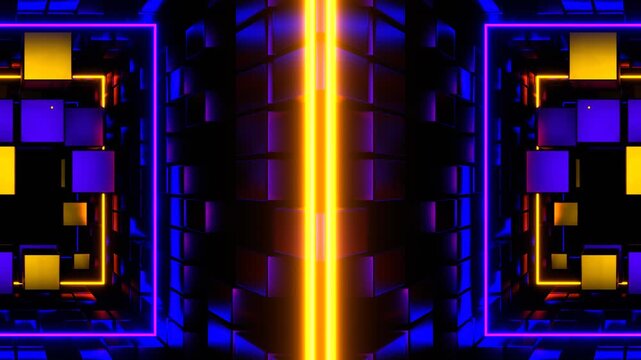 Gold and Purple Cubic Entity Move Through Kaleidoscope Background VJ Loop in 4K