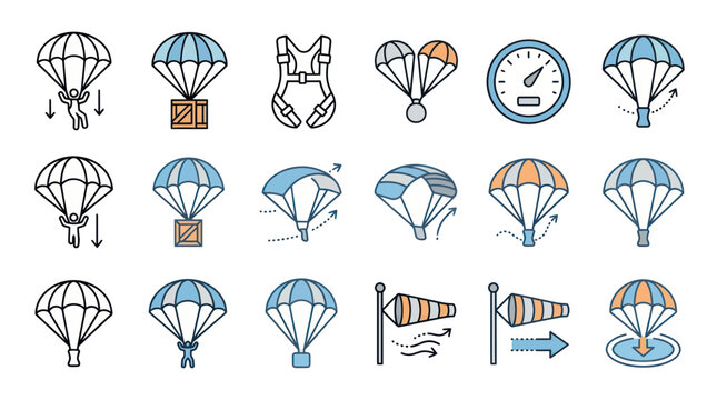 Parachute Icons: Skydiver, Cargo, Harness, Wind Sock, Speedometer