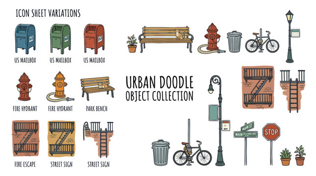 Urban Doodle Object Collection: Icons of City Life - Mailboxes, Hydrants, Benches