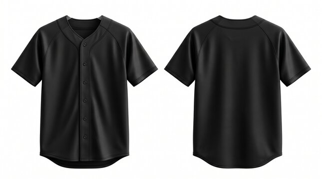 Black baseball jersey mockup with front and back views isolated on white background for sports apparel design and branding presentation