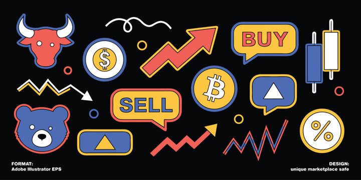 Retro stock market sticker pack with buy and sell buttons and bull bear head icons.