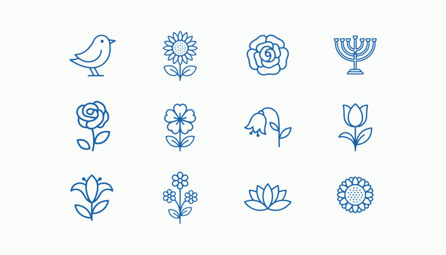 Blue line of flowers and bird and menorah vector illustration isolated on white background.