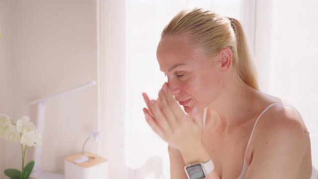 Woman smiling slightly while applying skincare cream in mirror, embracing self care and aging gracefully with confidence and natural beauty.Aging gracefully, self confidence, natural beauty concept