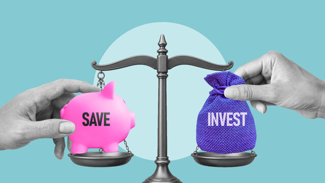 High Yield Savings vs Investing concept of financial comparison showing risk and return balance, interest growth, compounding, and long-term wealth strategy planning