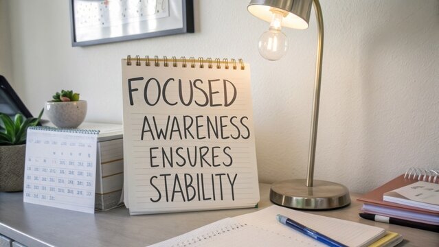 Inspirational Desk Scene with Notepad Highlighting Focused Awareness for Stability in Personal Development
