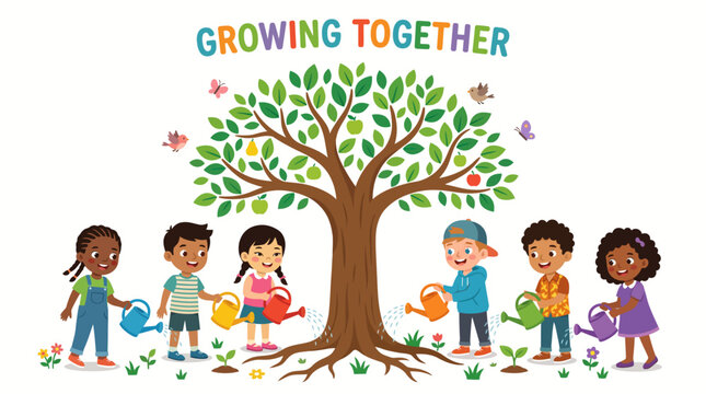 Flat vector illustration of multicultural children watering a growing tree with the phrase 'GROWING TOGETHER' symbolizing community and growth