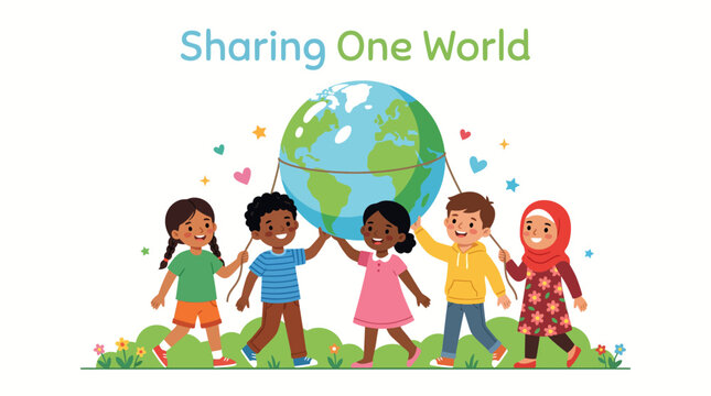 Diverse children holding and sharing the world together, symbolizing global unity and cooperation for a better future