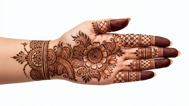 Intricate traditional henna mehndi design on woman's hand isolated on white background