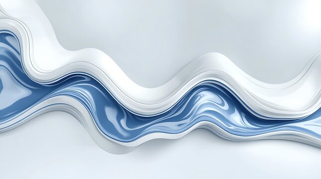Abstract flowing liquid wave with metallic blue and white textures.