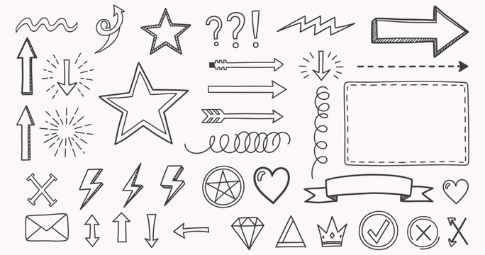 Hand Drawn Doodle Elements Collection With Arrows Stars Hearts And Lightning Bolts