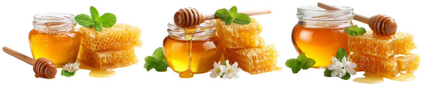 Collage of honey jars with honeycombs and mint leaves isolated on transparent background