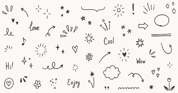 Hand drawn doodle elements with hearts stars and arrows on a white background