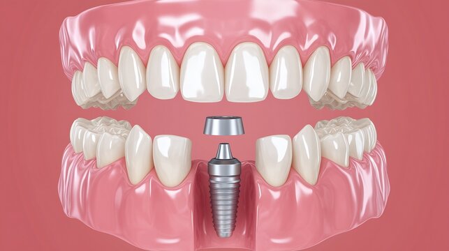 3D medical illustration of a dental implant screw in the lower jaw with a prosthetic abutment floating above