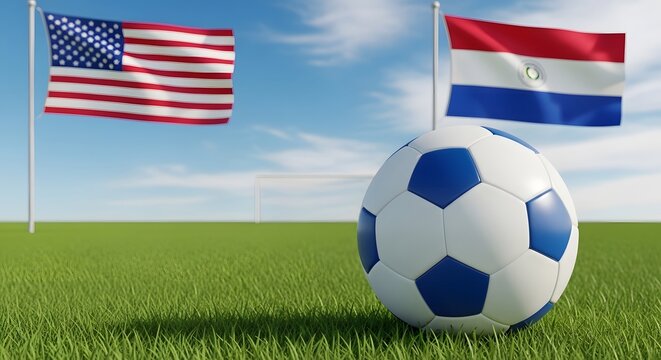 Soccer ball on a green field with american and paraguayan flags