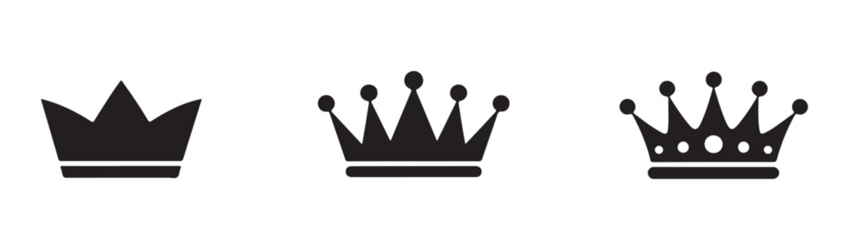 Three black crown icons set isolated on white background simple vector graphic design elements series.