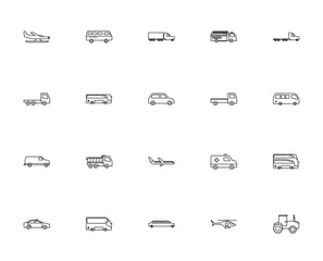 Transportation icon set. Vehicle vector pack. Minimal line icons featuring seaplane, campervan, fire truck, bus, police car, helicopter, tractor and more. Editable stroke. © wang