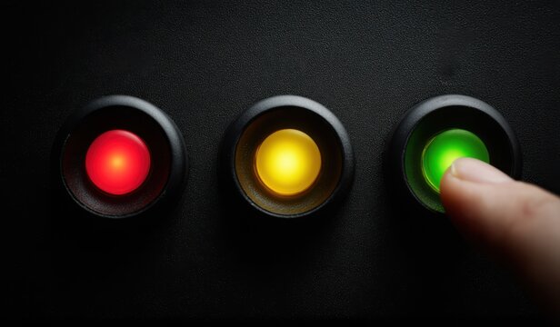 Finger pressing a glowing green button among red and yellow indicator lights on a black control panel