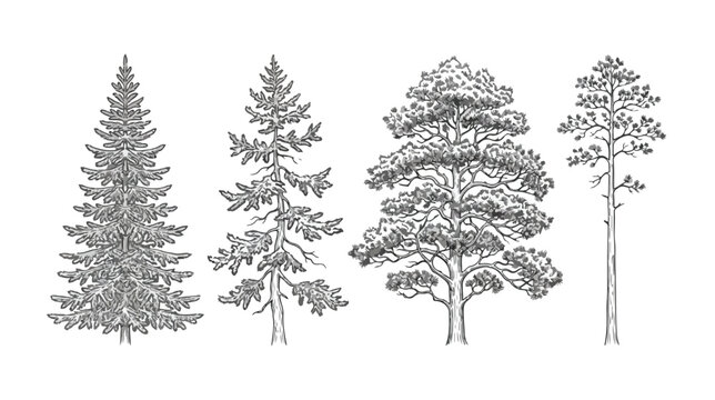 Vintage hand drawn pine trees set, black and white sketch of 4 coniferous evergreen tree vectors, rustic forest botanical illustrations