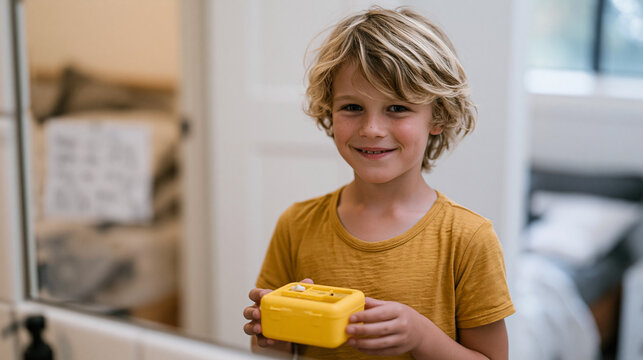 Six-year-old standing proudly in front of a bathroom mirror holding a tiny lost tooth in a plastic treasure chest, gap-toothed grin reflected back at him and a handwritten tooth