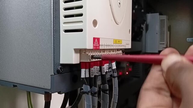 Disconnecting Electrical Wire from Three Phase Soft Starter Terminal Using Insulated Screwdriver Close Up

