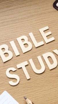 Bible study wooden text. Christian biblical concept. Vertical video.
