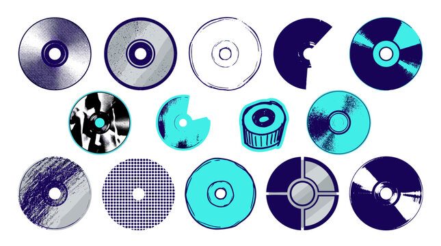 Collection of compact disc icons and illustrations representing music, audio, and technology