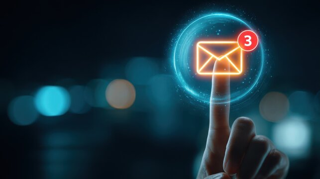 Finger pressing glowing email icon with unread messages notification on dark digital background