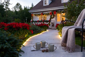 Obraz premium Subject: A cozy and festive outdoor holiday setting featuring a wooden pathway illuminated with soft ground lights, surrounded by vibrant poinsettias and lush greenery, leading toward a peaceful house