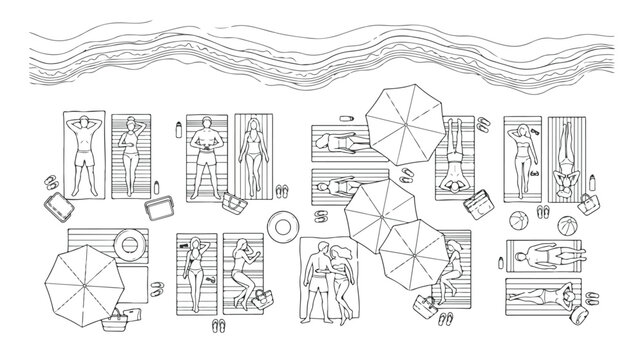 Minimalist beach line art vector, top view of people sunbathing on towels, summer vacation scene with umbrellas and ocean waves
