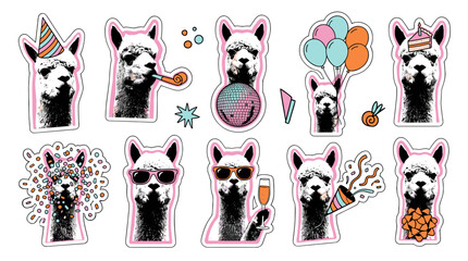 Obraz premium Collection of playful llama stickers with colorful accessories and expressive faces