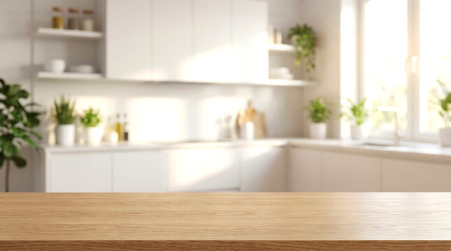 Wooden table surface with blurred bright white kitchen background and green plants for healthy food mockup display