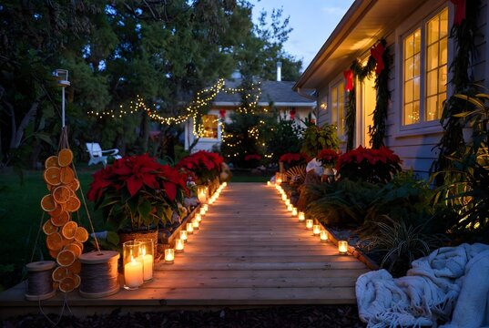 Subject: A cozy and festive outdoor holiday setting featuring a wooden pathway illuminated with soft ground lights, surrounded by vibrant poinsettias and lush greenery, leading toward a cozy house ado