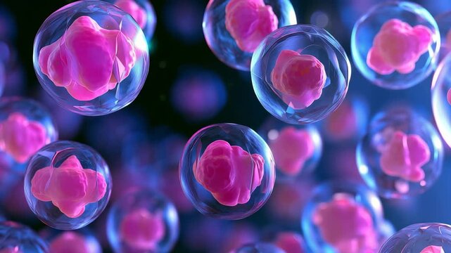 Microscopic human cells with glowing nuclei in detailed biomedical 3D illustration